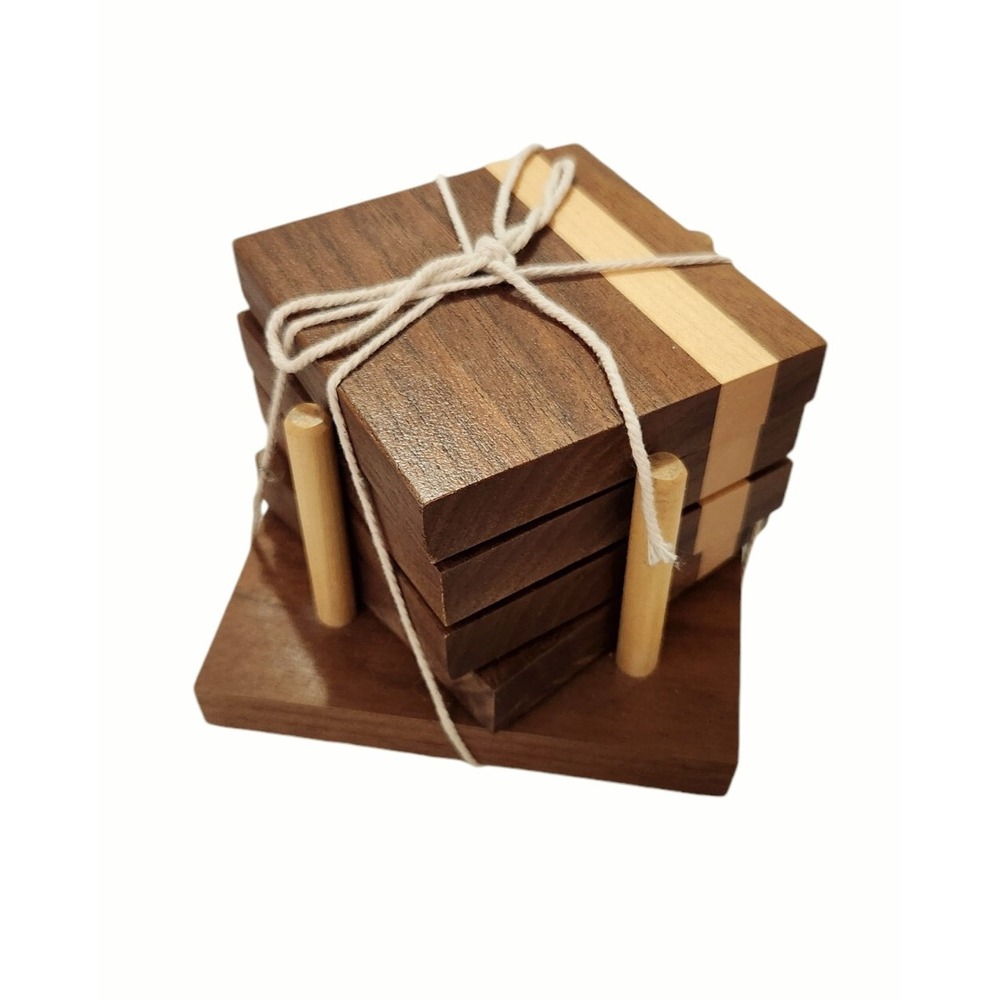 Walnut and Maple‎ Wooden Drink Coasters ~ Set of 4 with Holder Felt Tabs Quality